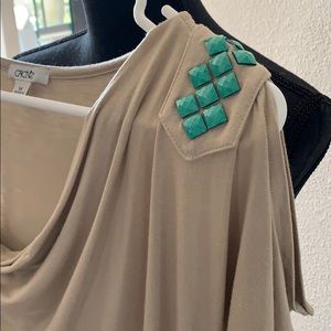 Cache Tops - Cache tan cold shoulder top with torquoise beads Cache Tops - Cache tan cold shoulder top with torquoise beads